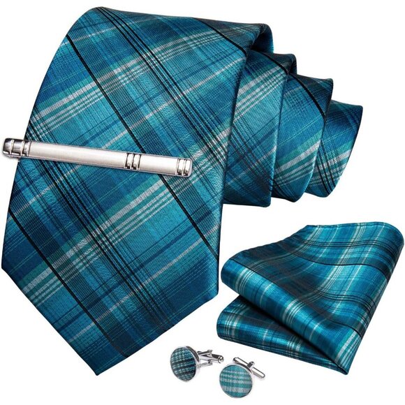🆕Men Blue Plaid Silk Checkered Necktie Pocket Square Cufflinks Tie Clip Set - Picture 3 of 7